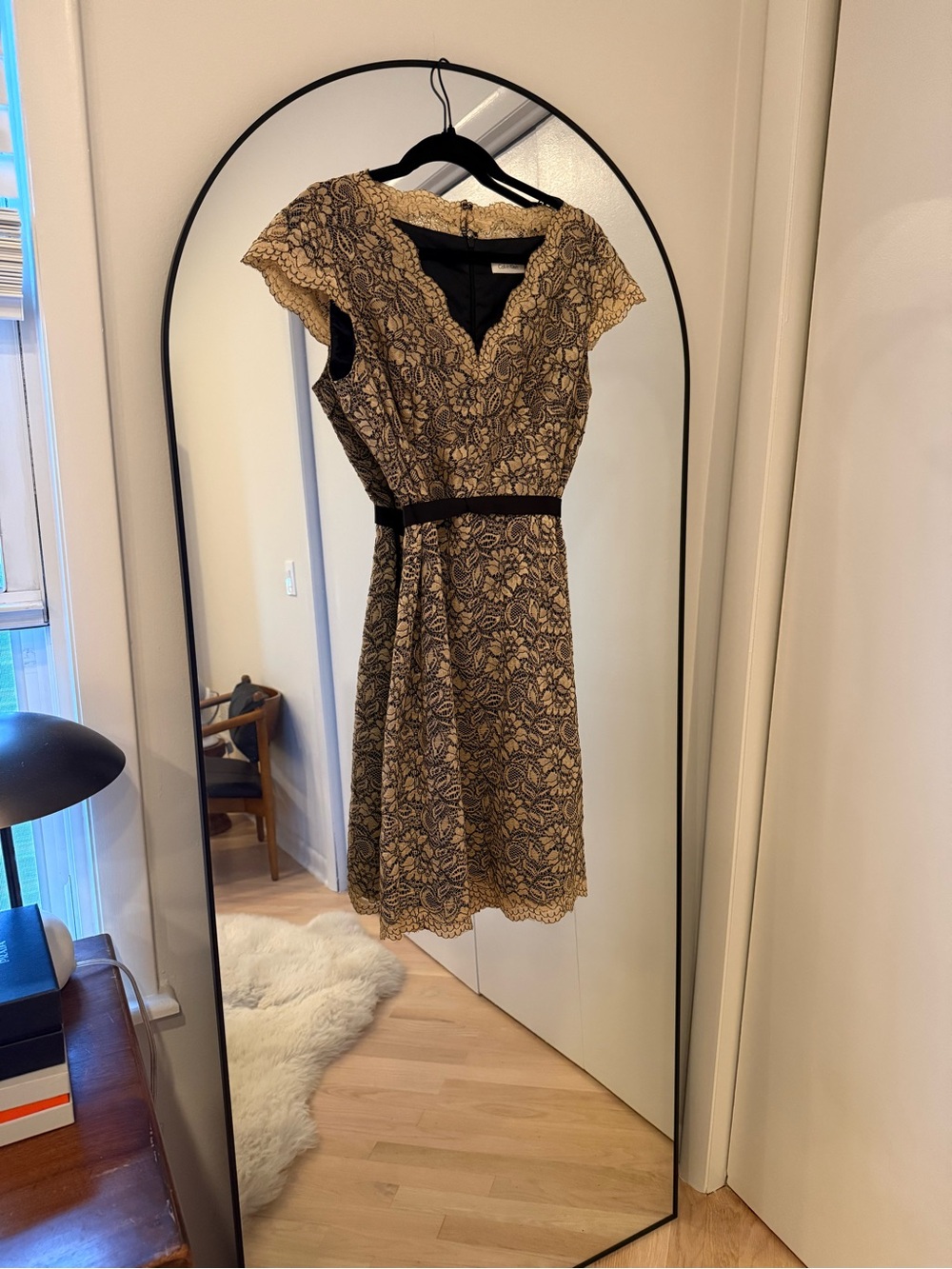 Vintage Calvin Klein Black and Tan Lace V-Neck Dress